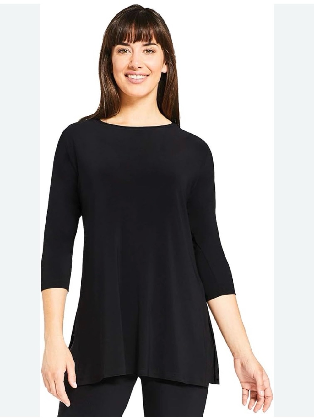 Sympli Black Women's Boatneck Tunic Top with 3/4 sleeves and side vents